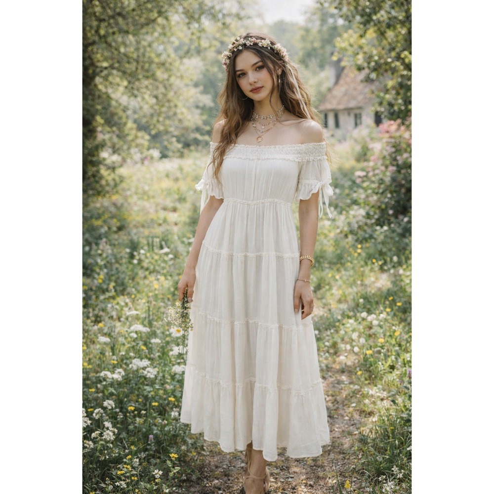 Entro Off Shoulder Tiered Midi Dress LRG White Boho Cottage Summer Resort Fairy